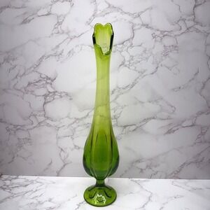 Vintage Tall Swung Vase 15" Green Ribbed Stretch MCM Art Glass  Pedestal